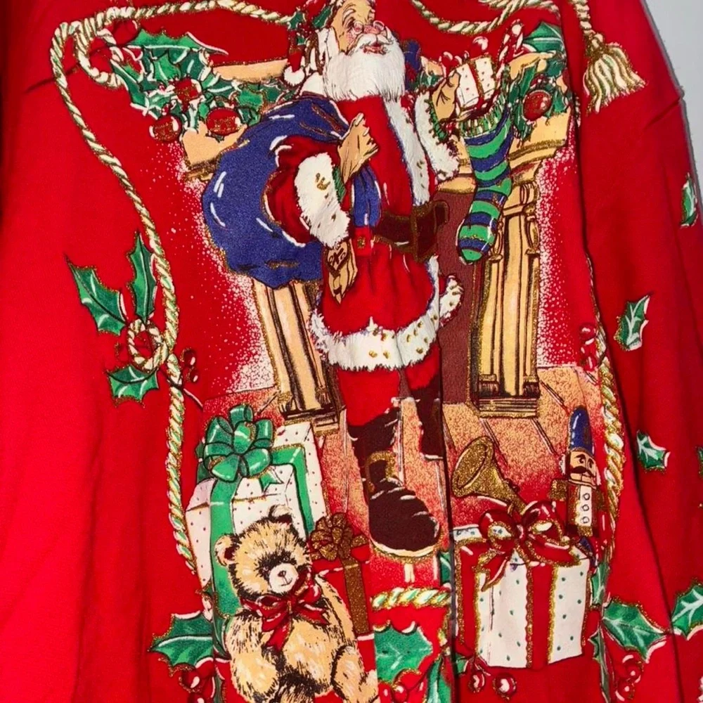 Holiday Time Red Santa Crewneck Sweater with Green Accents and Gold Trim